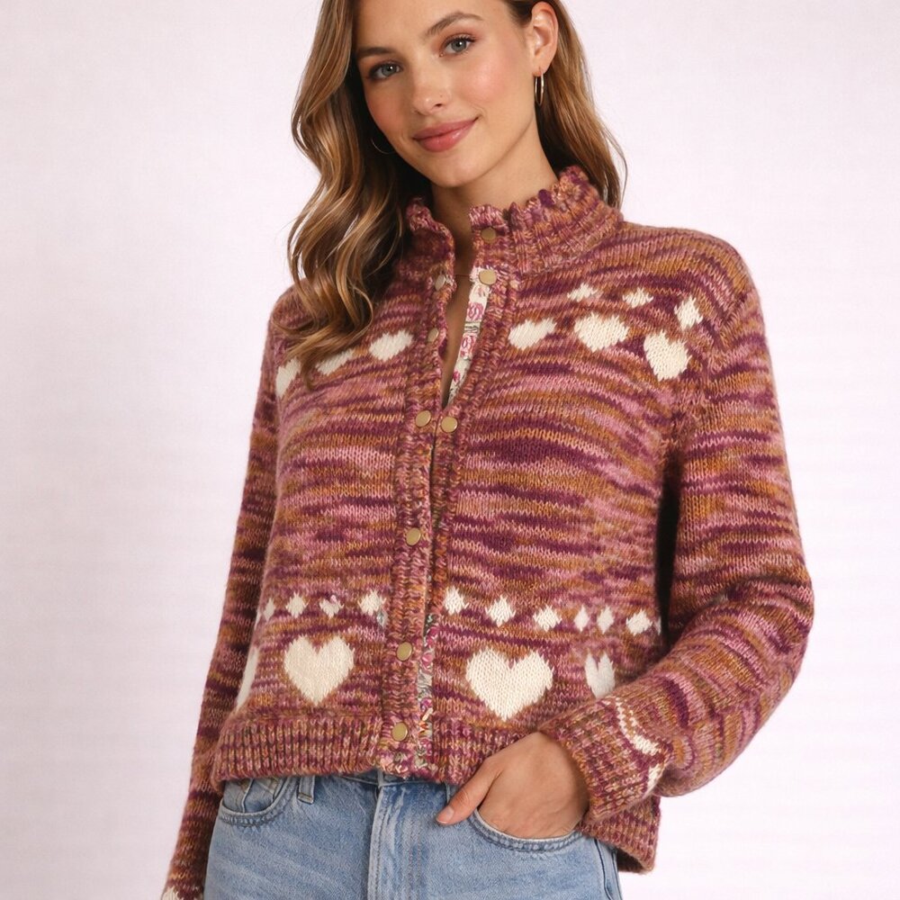 LoveShackFancy Polina Bomber Sweater S NWT Heart Knit Rosewood Cardigan